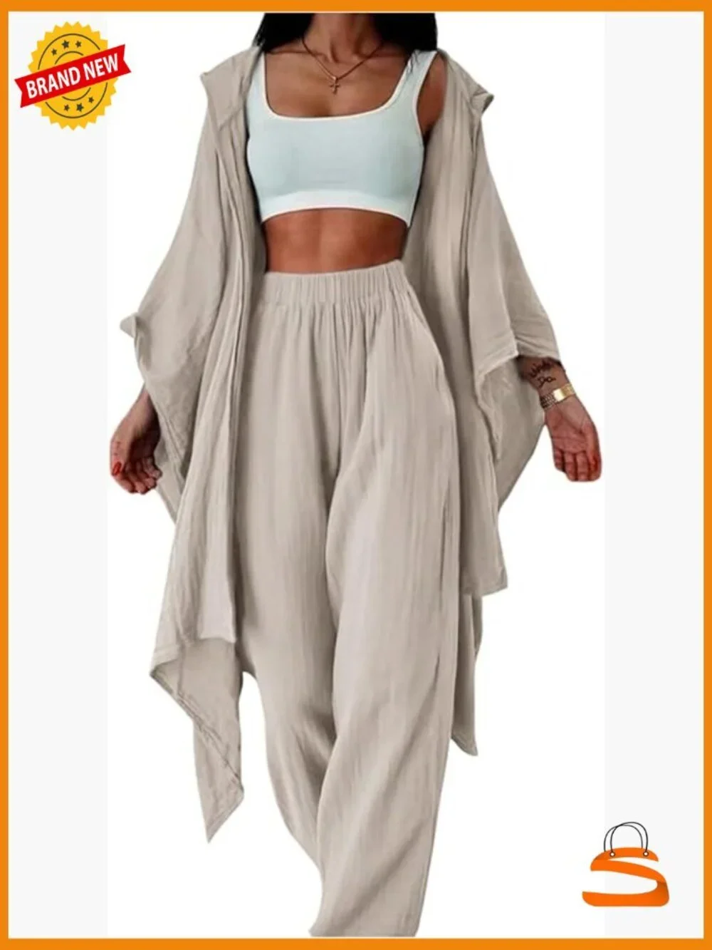 2 Piece Outfit Hooded Kimono Cardigan High Waisted Pants Casual Suit Sets